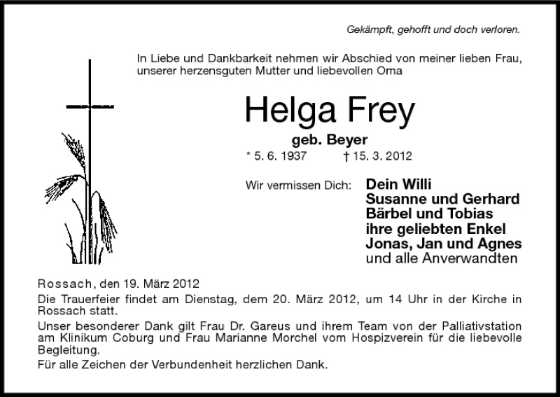  Traueranzeige für Helga Frey vom 19.03.2012 aus MGO