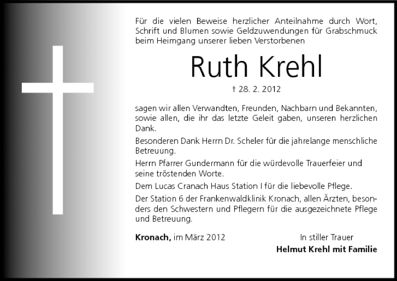  Traueranzeige für Ruth Krehl vom 24.03.2012 aus MGO