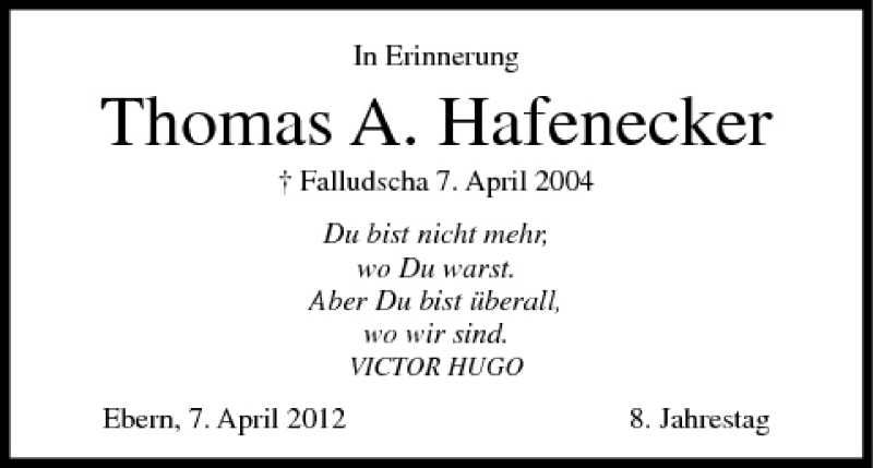  Traueranzeige für Thomas Hafenecker vom 07.04.2012 aus MGO
