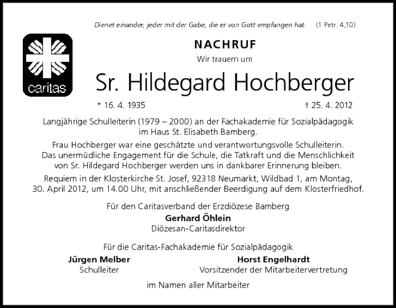  Traueranzeige für Hildegard Hochberger vom 28.04.2012 aus MGO