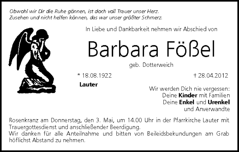  Traueranzeige für Barbara Fößel vom 01.05.2012 aus MGO