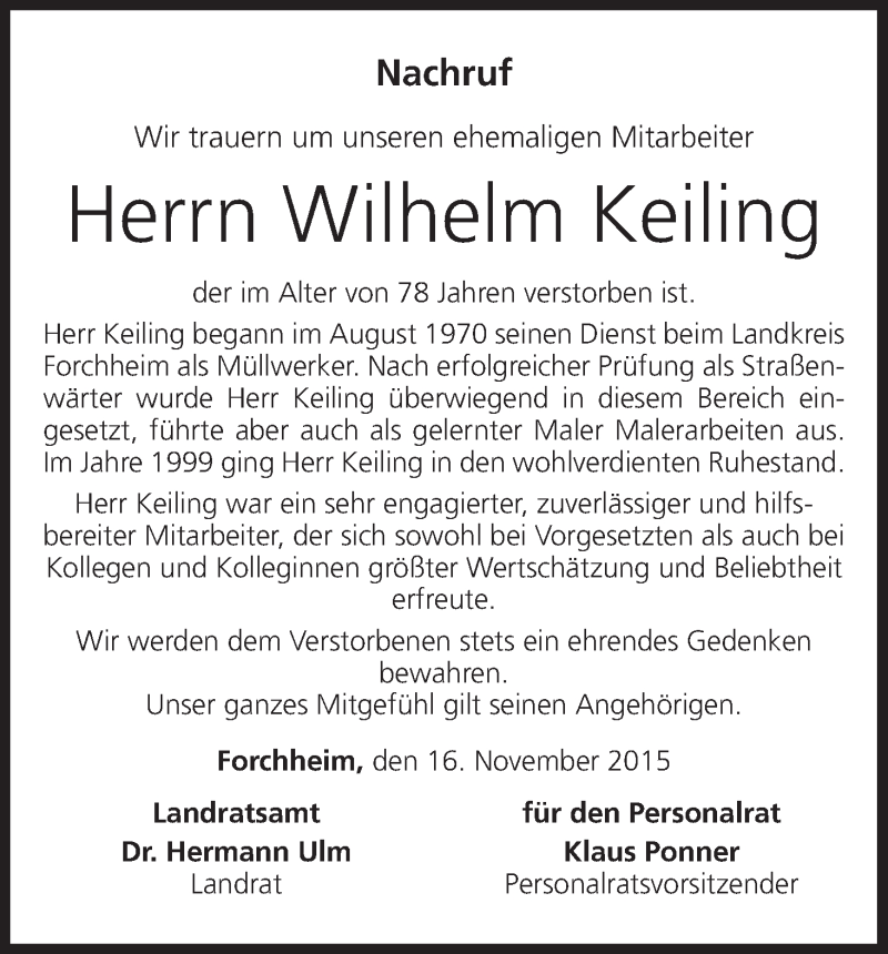  Traueranzeige für Wilhelm Keiling vom 17.11.2015 aus MGO