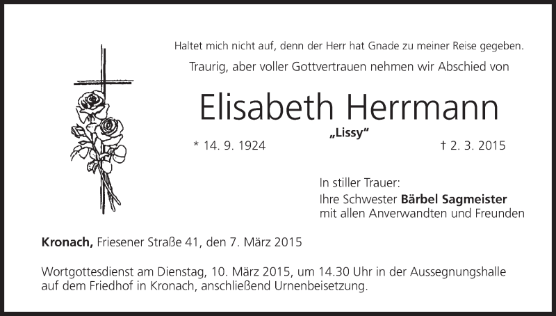  Traueranzeige für Elisabeth Herrmann vom 07.03.2015 aus MGO