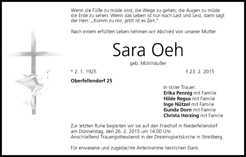  Traueranzeige für Sara Oeh vom 25.02.2015 aus MGO