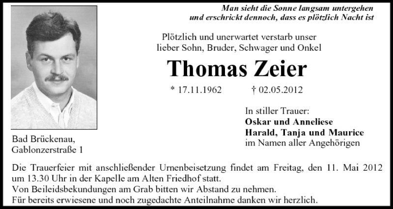 Thomas Zeier | Traueranzeige | trauer.inFranken.de