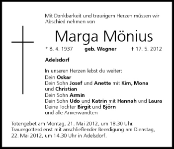 Anzeige von Marga Mönius von MGO