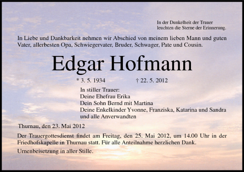  Traueranzeige für Edgar Hofmann vom 23.05.2012 aus MGO