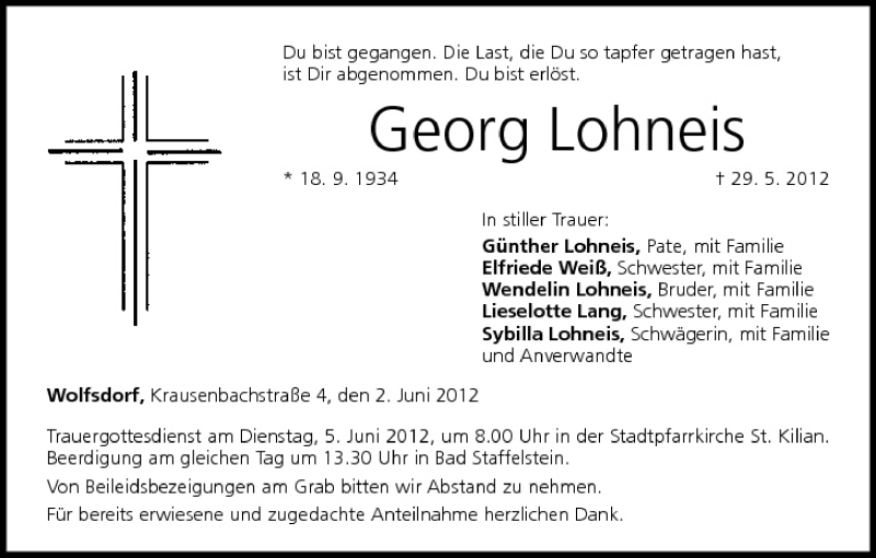 Georg Lohneis | Traueranzeige | trauer.inFranken.de