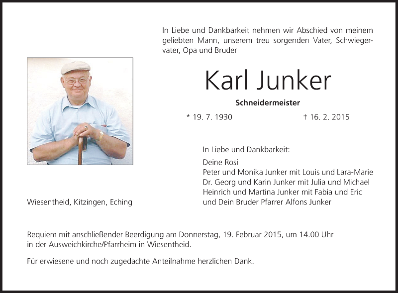  Traueranzeige für Karl Junker vom 18.02.2015 aus MGO