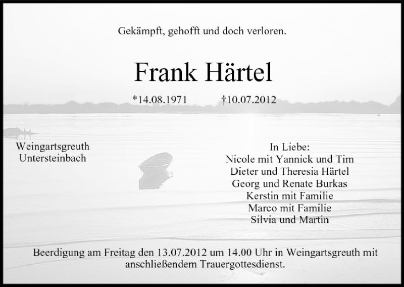  Traueranzeige für Frank Härtel vom 12.07.2012 aus MGO