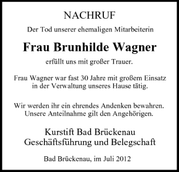 Anzeige von Brunhilde Wagner von MGO