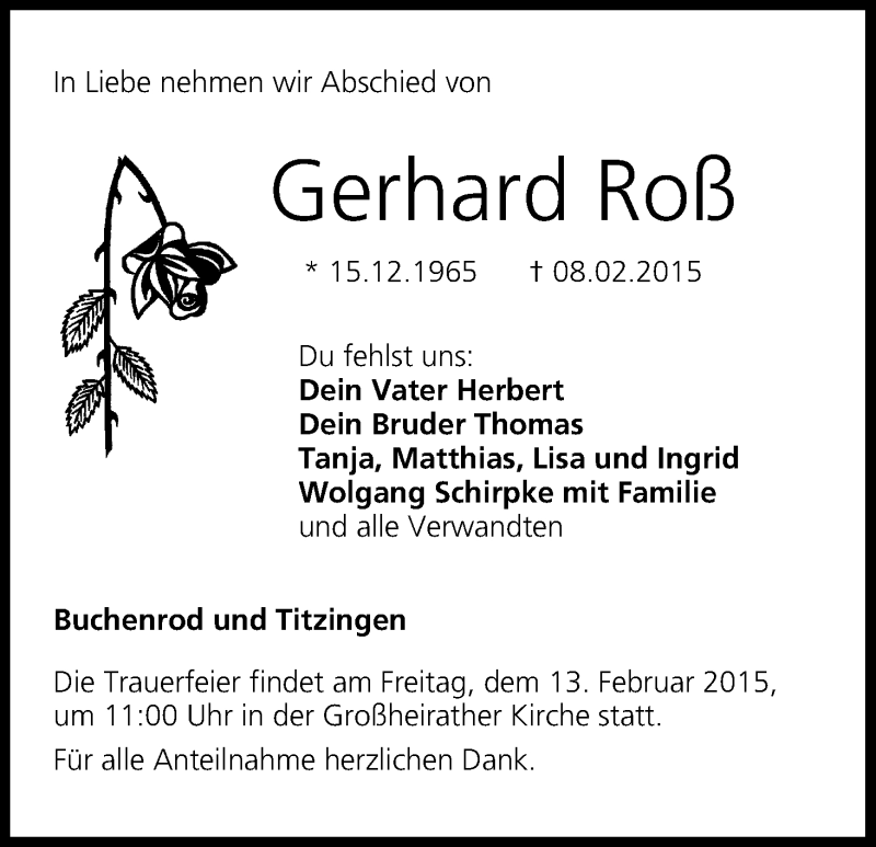  Traueranzeige für Gerhard Roß vom 11.02.2015 aus MGO