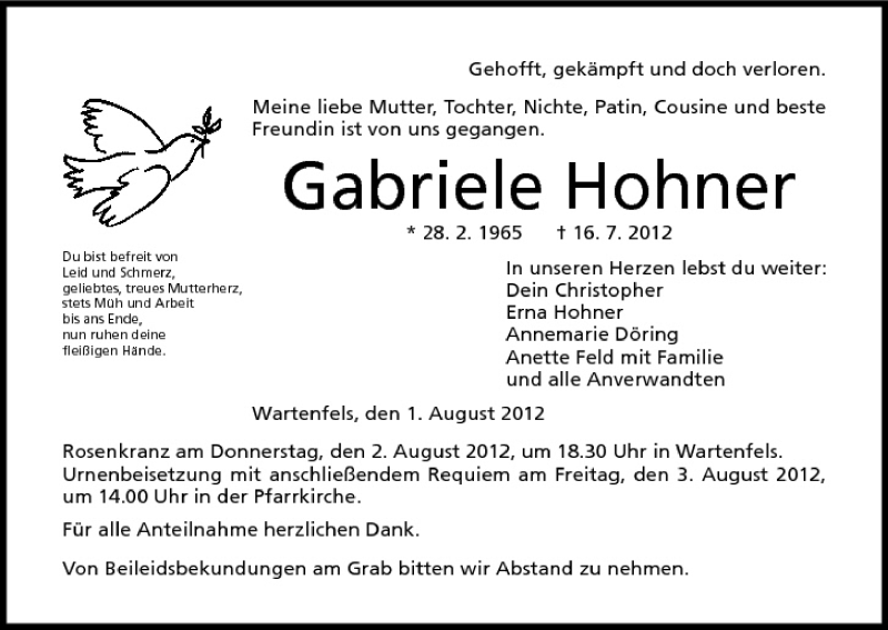  Traueranzeige für Gabriele Hohner vom 01.08.2012 aus MGO