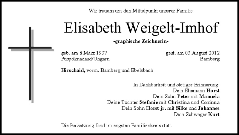  Traueranzeige für Elisabeth Weigelt-Imhof vom 11.08.2012 aus MGO
