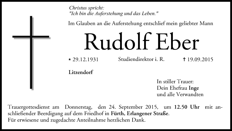  Traueranzeige für Rudolf Eber vom 22.09.2015 aus MGO