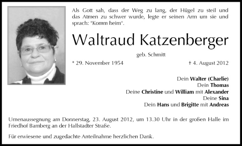  Traueranzeige für Waltraud Katzenberger vom 21.08.2012 aus MGO