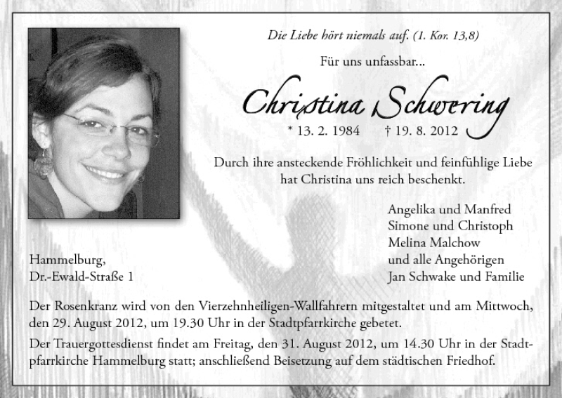  Traueranzeige für Christina Schwering vom 25.08.2012 aus MGO