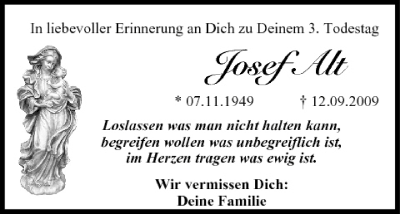  Traueranzeige für Josef Alt vom 12.09.2012 aus MGO