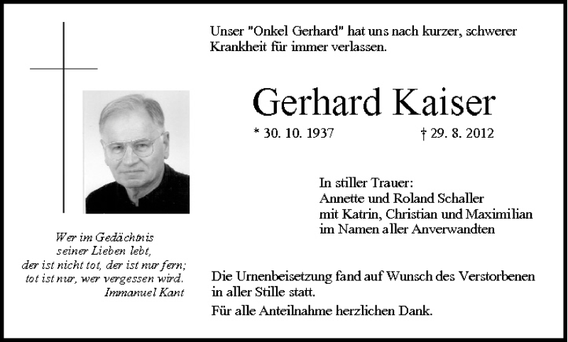 Gerhard Kaiser | Traueranzeige | trauer.inFranken.de