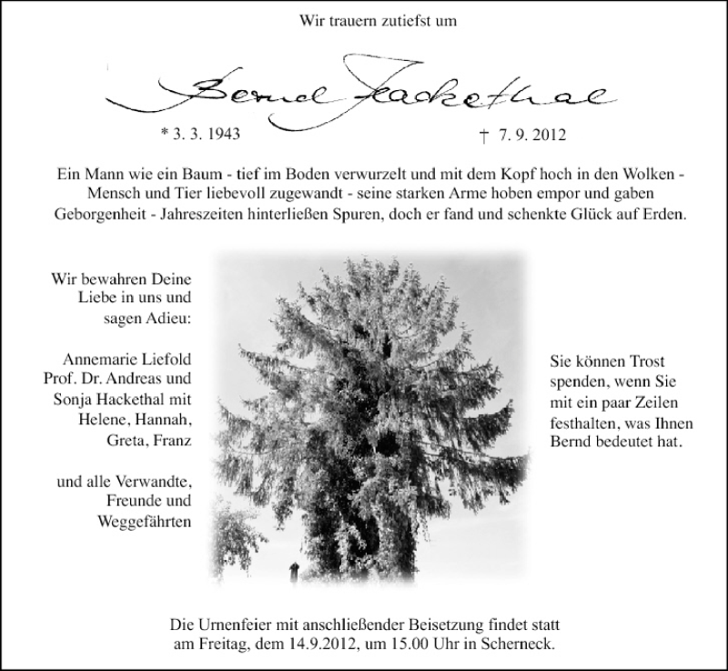  Traueranzeige für Bernd Hackethal vom 11.09.2012 aus MGO