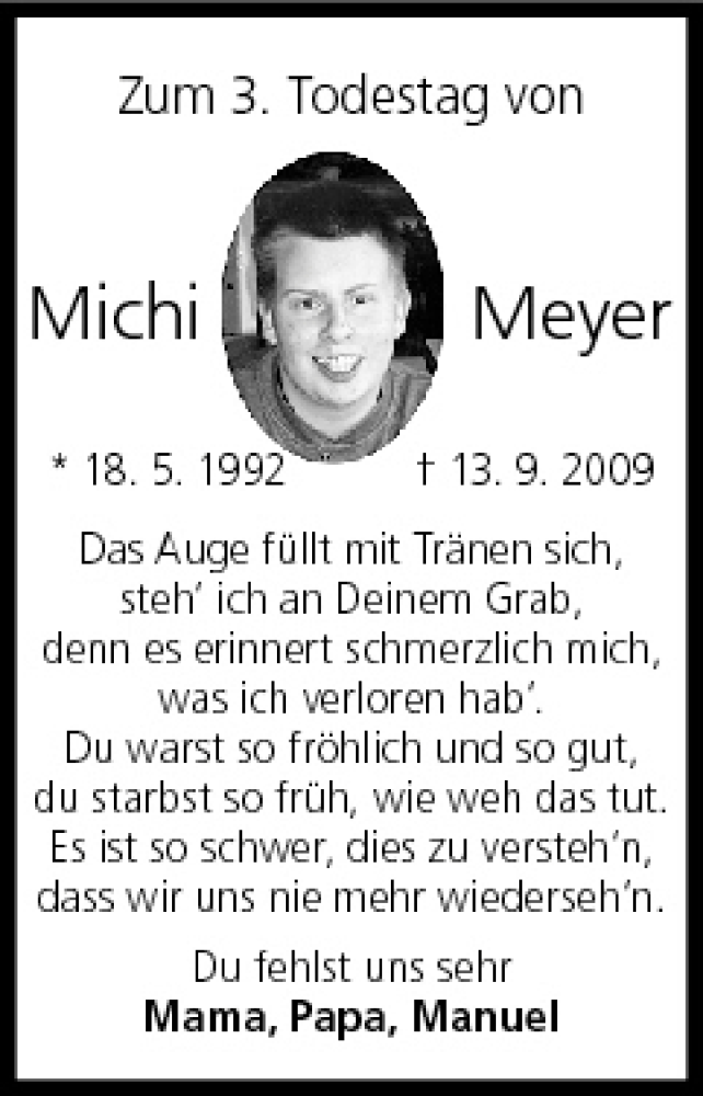  Traueranzeige für Michi Meyer vom 13.09.2012 aus MGO