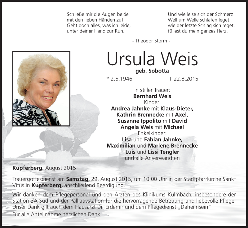  Traueranzeige für Ursula Weis vom 26.08.2015 aus MGO