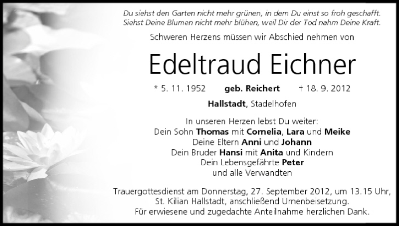  Traueranzeige für Edeltraud Eichner vom 22.09.2012 aus MGO