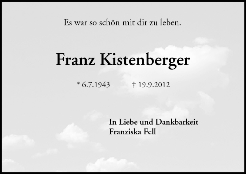  Traueranzeige für Franz Kistenberger vom 25.09.2012 aus MGO
