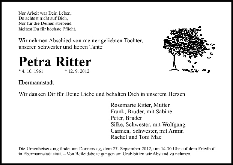  Traueranzeige für Petra Ritter vom 26.09.2012 aus MGO
