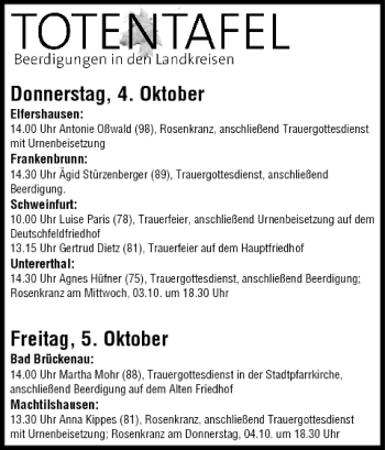 Anzeige von Totentafel vom 03.10.2012 von MGO
