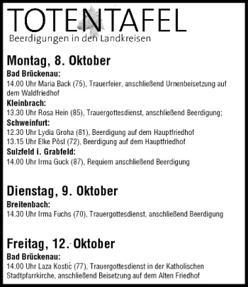 Anzeige von Totentafel vom 08.10.2012 von MGO