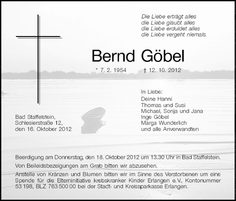  Traueranzeige für Bernd Göbel vom 16.10.2012 aus MGO