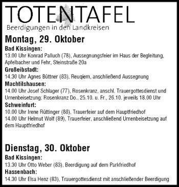 Anzeige von Totentafel vom 29.10.2012 von MGO
