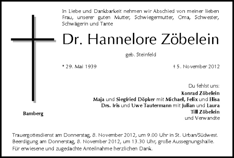 Traueranzeige für Hannelore Zöbelein vom 06.11.2012 aus MGO