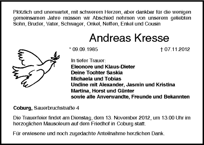  Traueranzeige für Andreas Kresse vom 10.11.2012 aus MGO