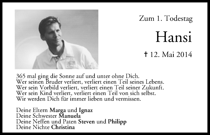  Traueranzeige für Hansi  vom 12.05.2015 aus MGO