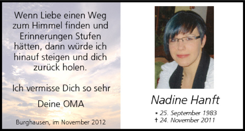  Traueranzeige für Nadine Hanft vom 24.11.2012 aus MGO