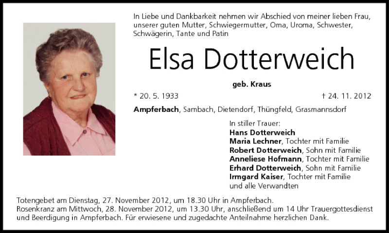  Traueranzeige für Elsa Dotterweich vom 26.11.2012 aus MGO