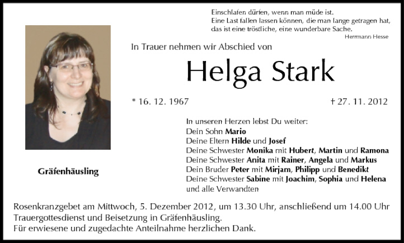  Traueranzeige für Helga Stark vom 01.12.2012 aus MGO