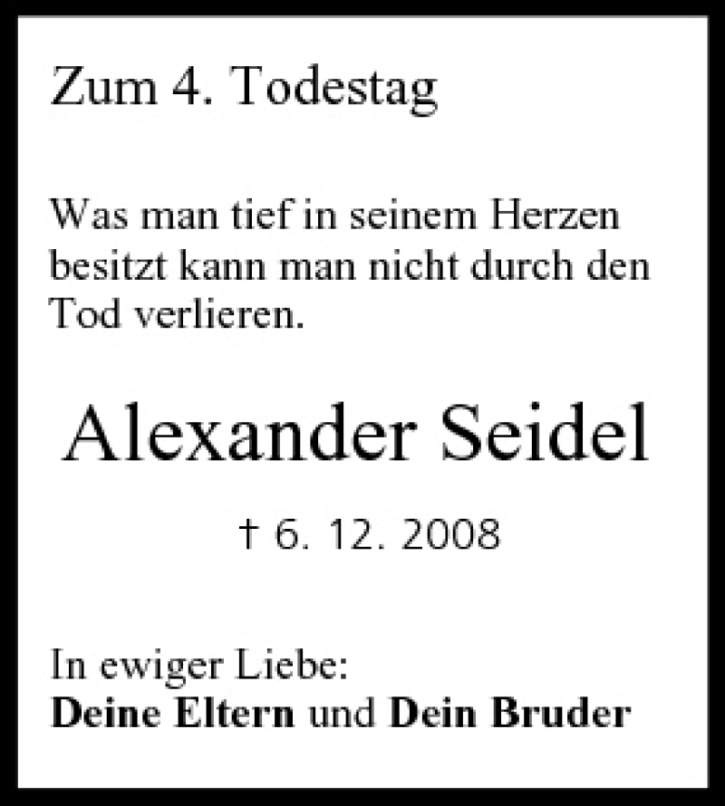  Traueranzeige für Alexander Seidel vom 06.12.2012 aus MGO