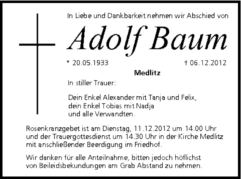  Traueranzeige für Adolf Baum vom 08.12.2012 aus MGO