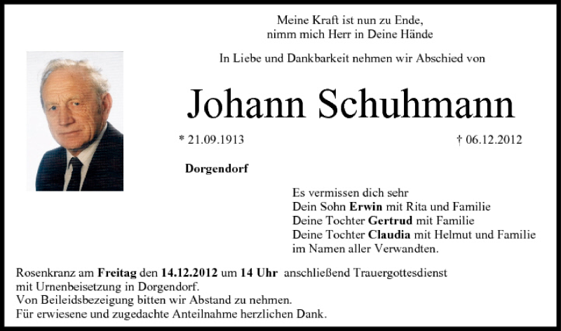  Traueranzeige für Johann Schuhmann vom 12.12.2012 aus MGO