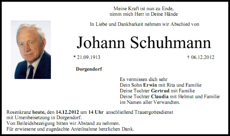  Traueranzeige für Johann Schuhmann vom 14.12.2012 aus MGO