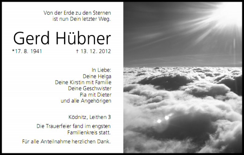  Traueranzeige für Gerd Hübner vom 18.12.2012 aus MGO