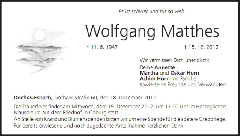 Traueranzeige für Wolfgang Matthes vom 18.12.2012 aus MGO