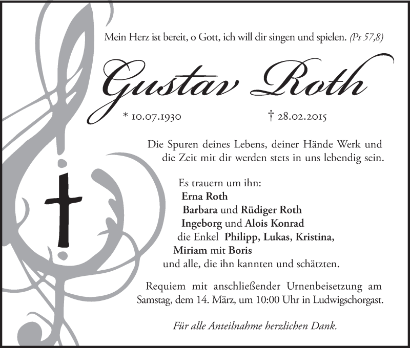  Traueranzeige für Gustav Roth vom 12.03.2015 aus MGO