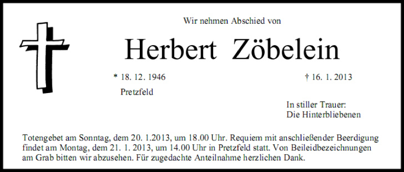  Traueranzeige für Herbert Zöbelein vom 19.01.2013 aus MGO