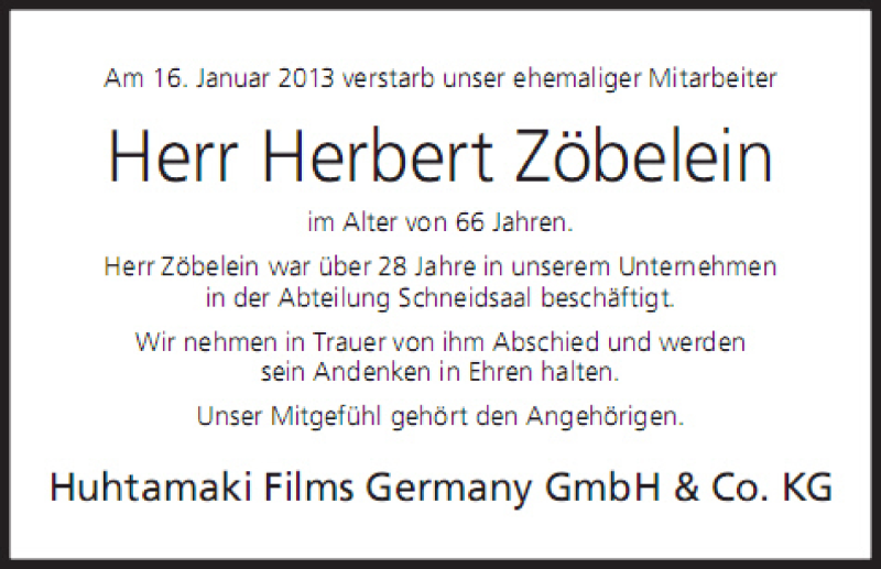  Traueranzeige für Herbert Zöbelein vom 22.01.2013 aus MGO