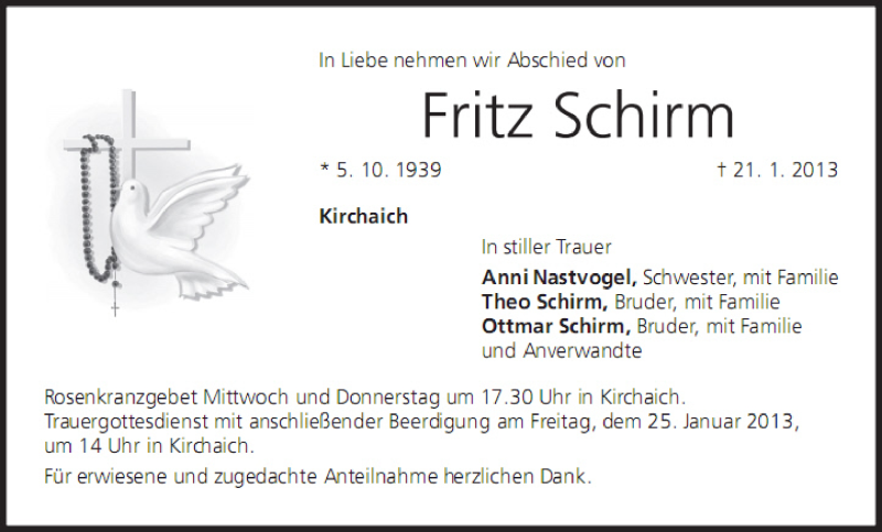  Traueranzeige für Fritz Schirm vom 23.01.2013 aus MGO
