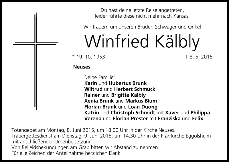  Traueranzeige für Winfried Kälbly vom 06.06.2015 aus MGO